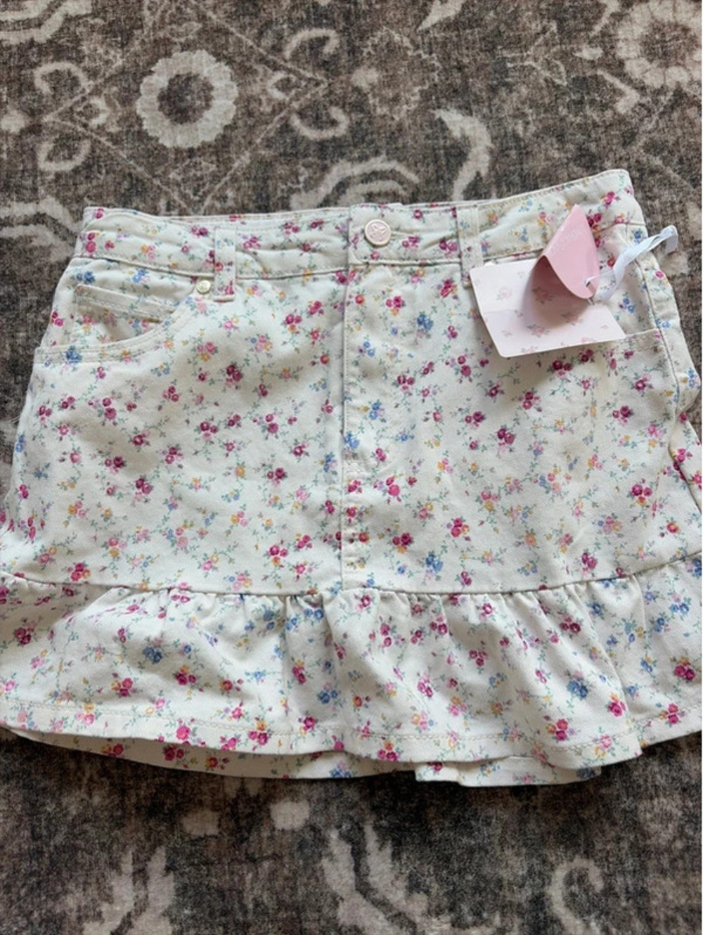 Loveshackfancy girls size 16 floral denim ruffle skirt